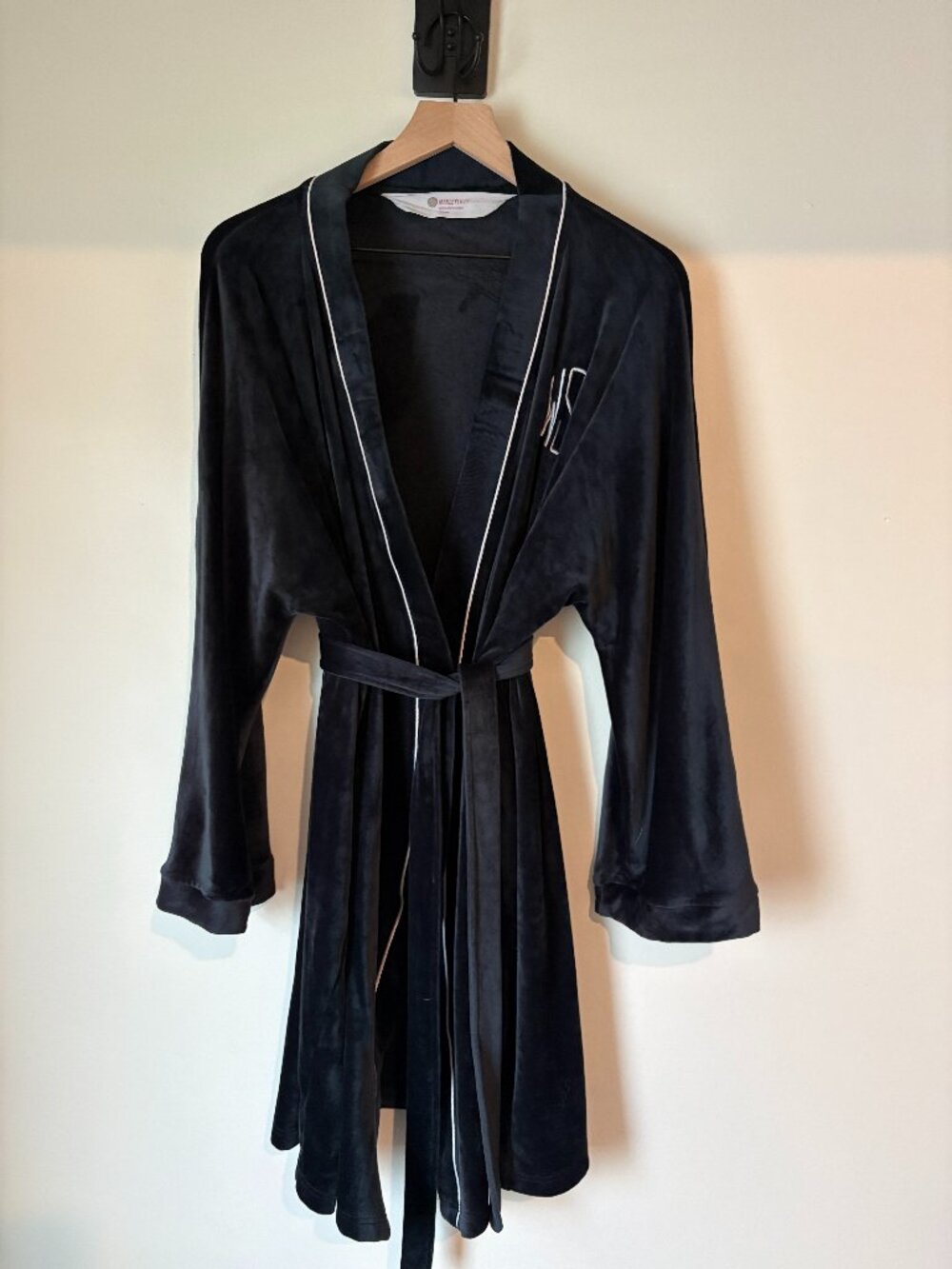 Marleylilly Black Velour Monogrammed Robe White Piping Belted One Size